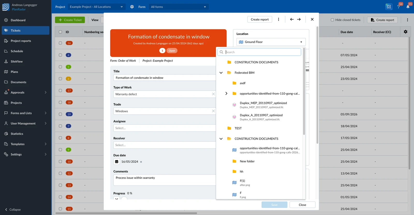 The Location drop-down of a ticket, open on the project's folders, plans and BIM models