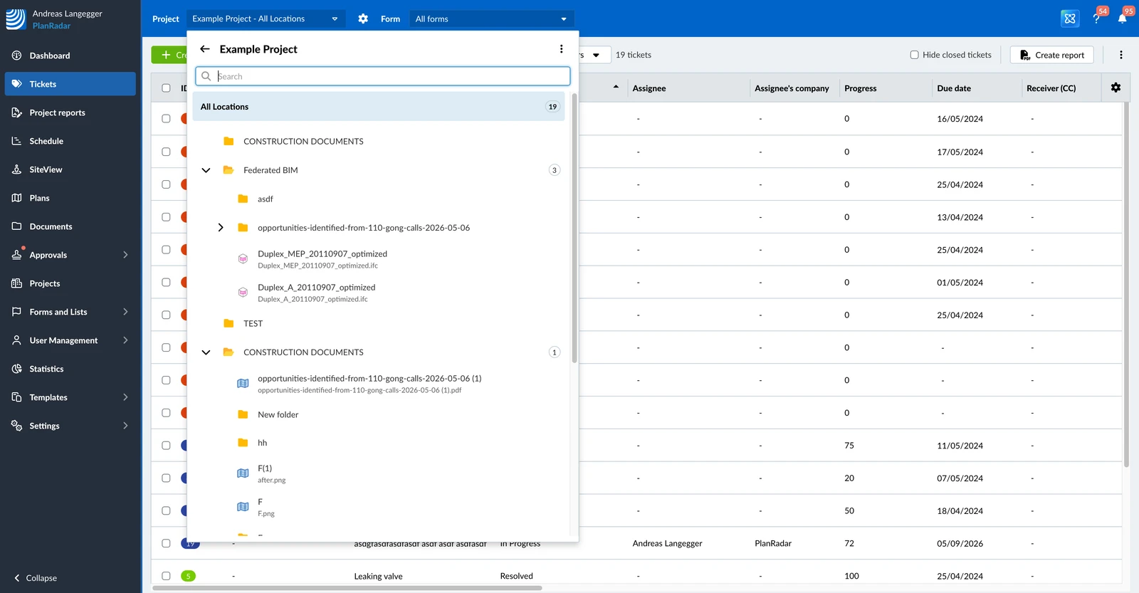 The project and location selection menu with All Locations, folders, plans and BIM models