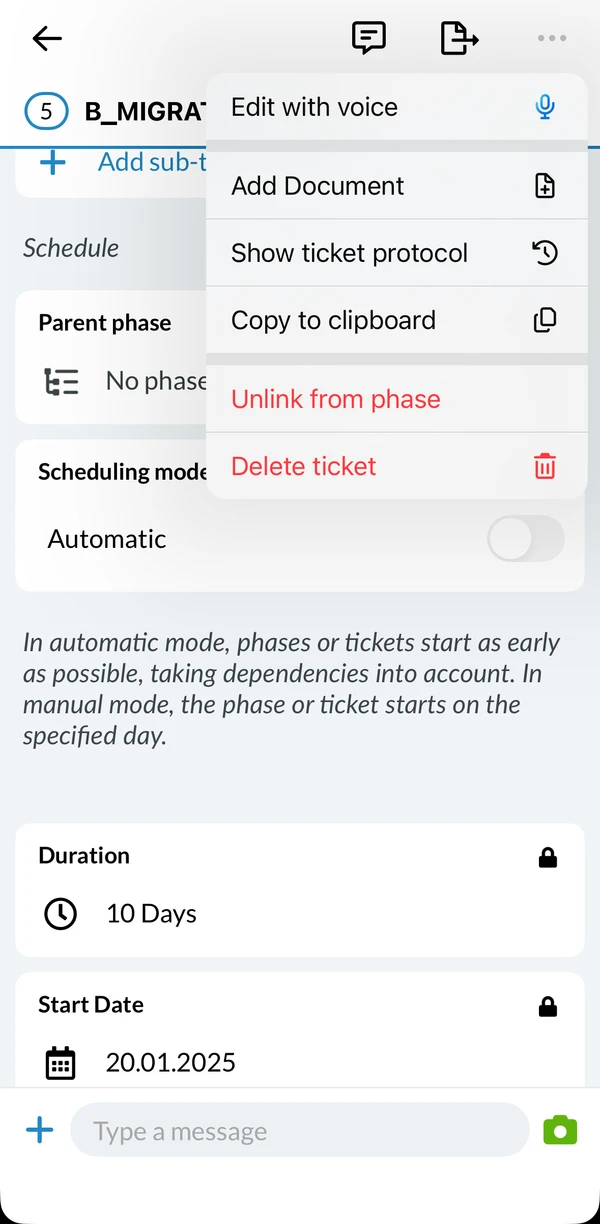 El menú del ticket con Desvincular de la fase en la aplicación móvil