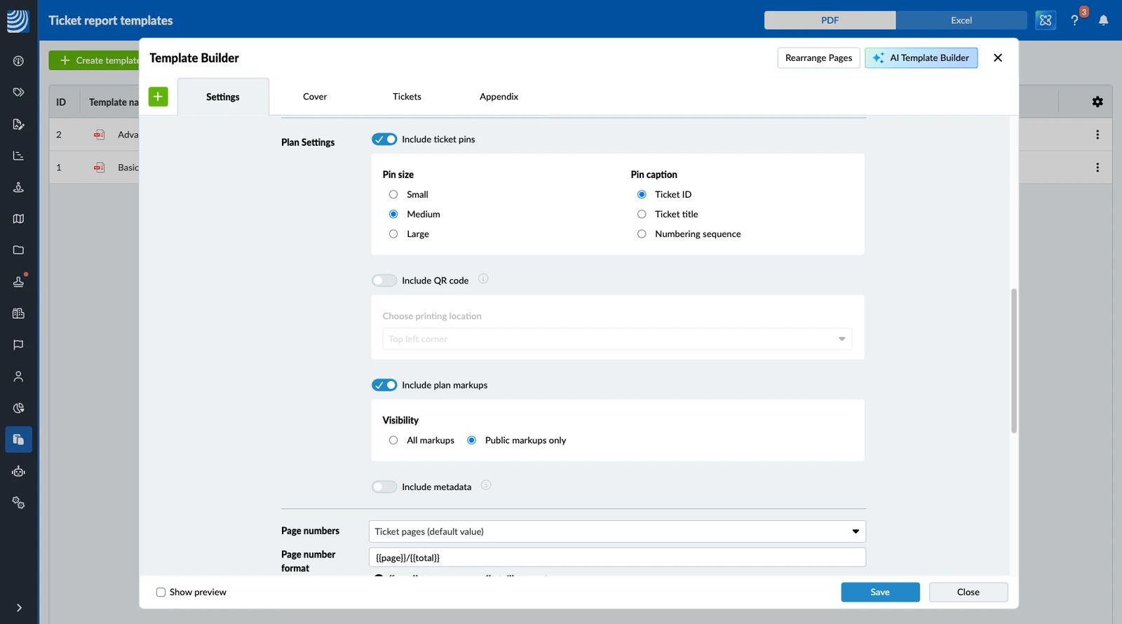 Plan Settings in the Template Builder with Include plan markups activated, showing the Visibility options All markups and Public markups only