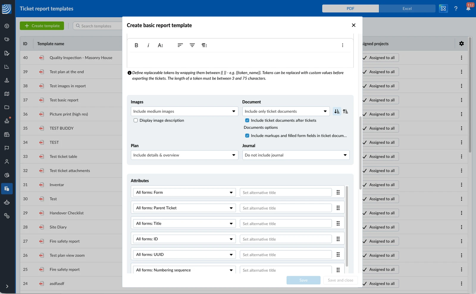 The Documents options with the markups checkbox selected in the basic template editor