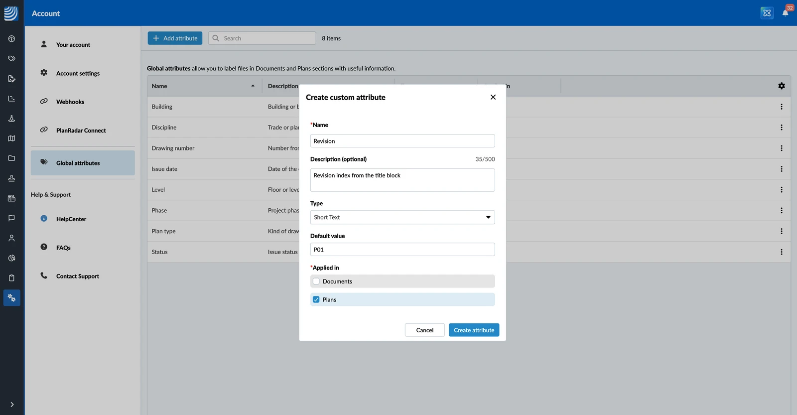 The Create custom attribute dialog with name, description, type, default value and Applied in set to Plans