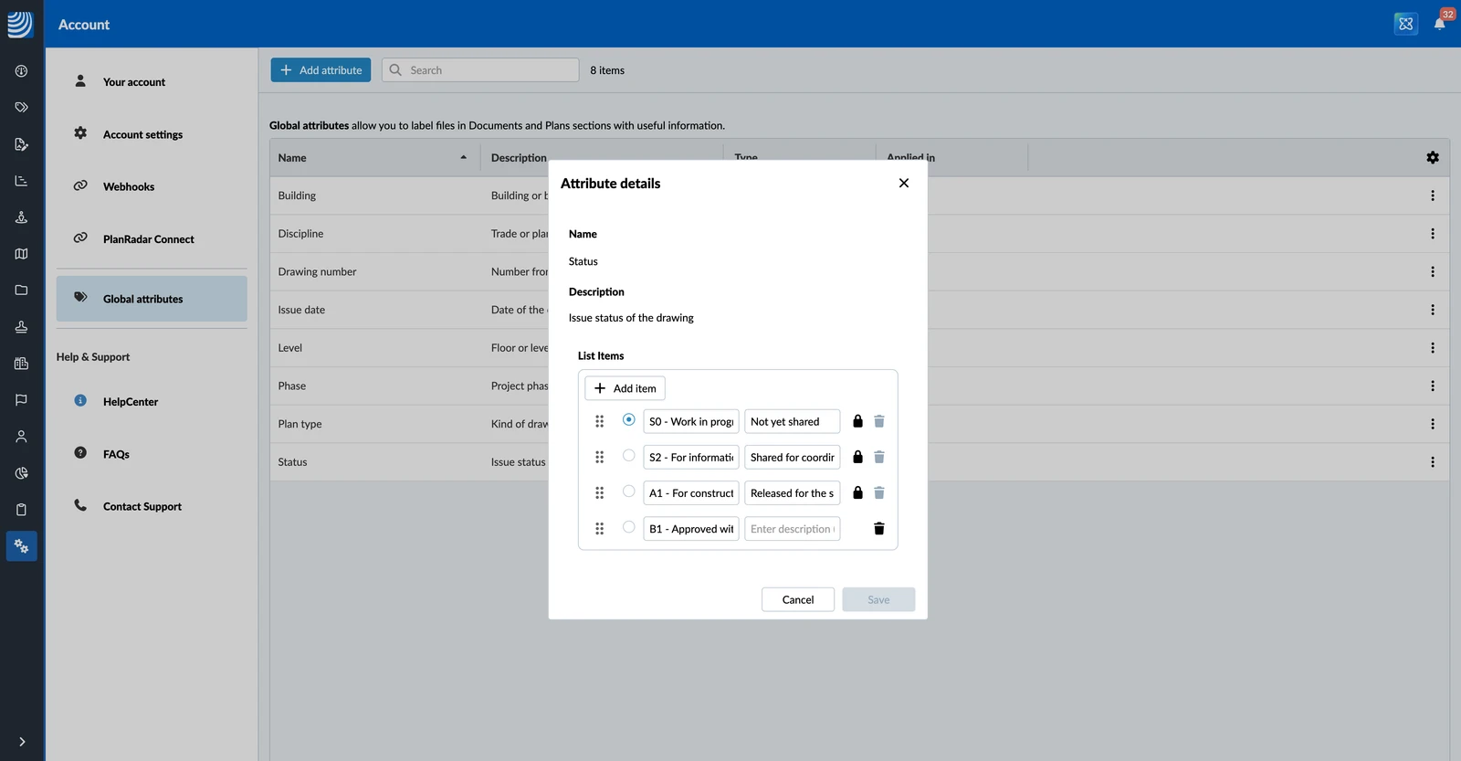 The list editor of the Status attribute with four list items, their descriptions and the default item selected