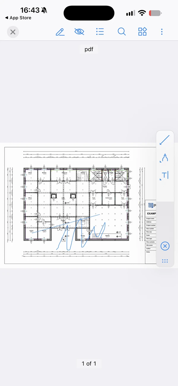 A PDF in the iOS app with the markup toolbar on the right