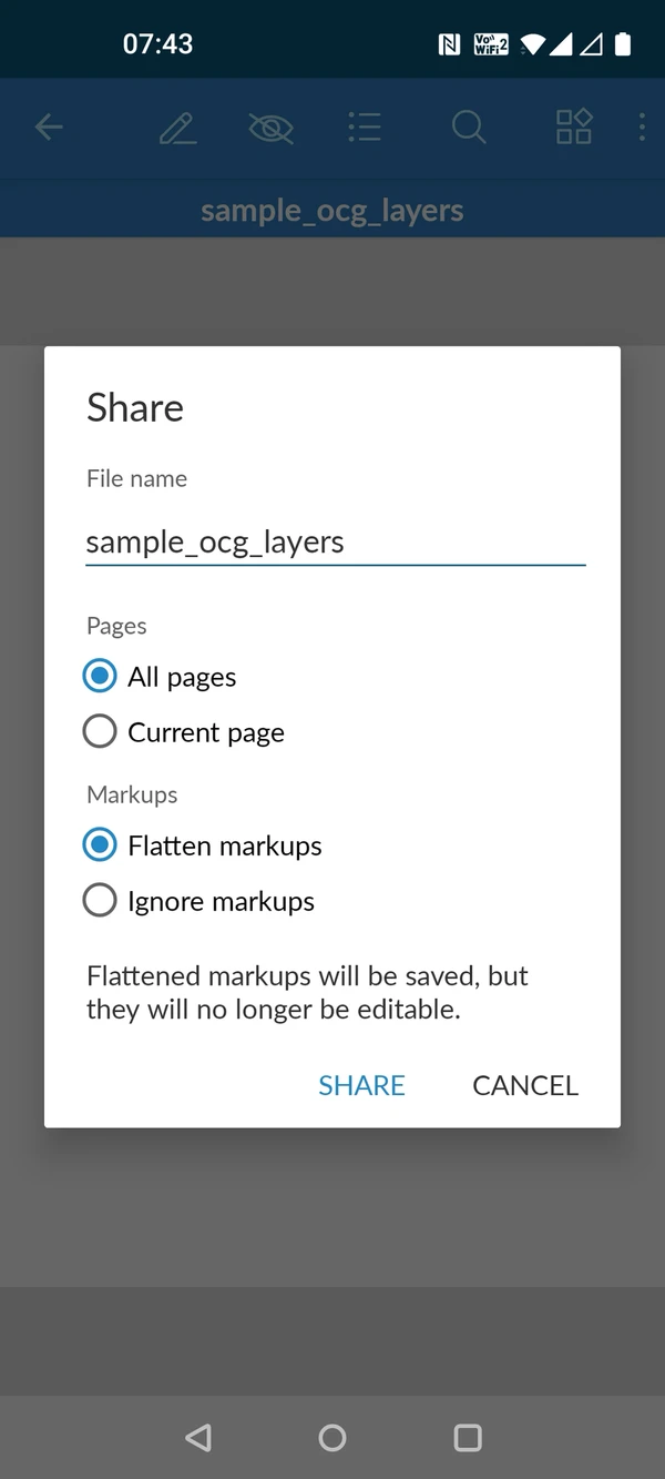 The Share dialog in the Android app with File name, Pages and Markups options