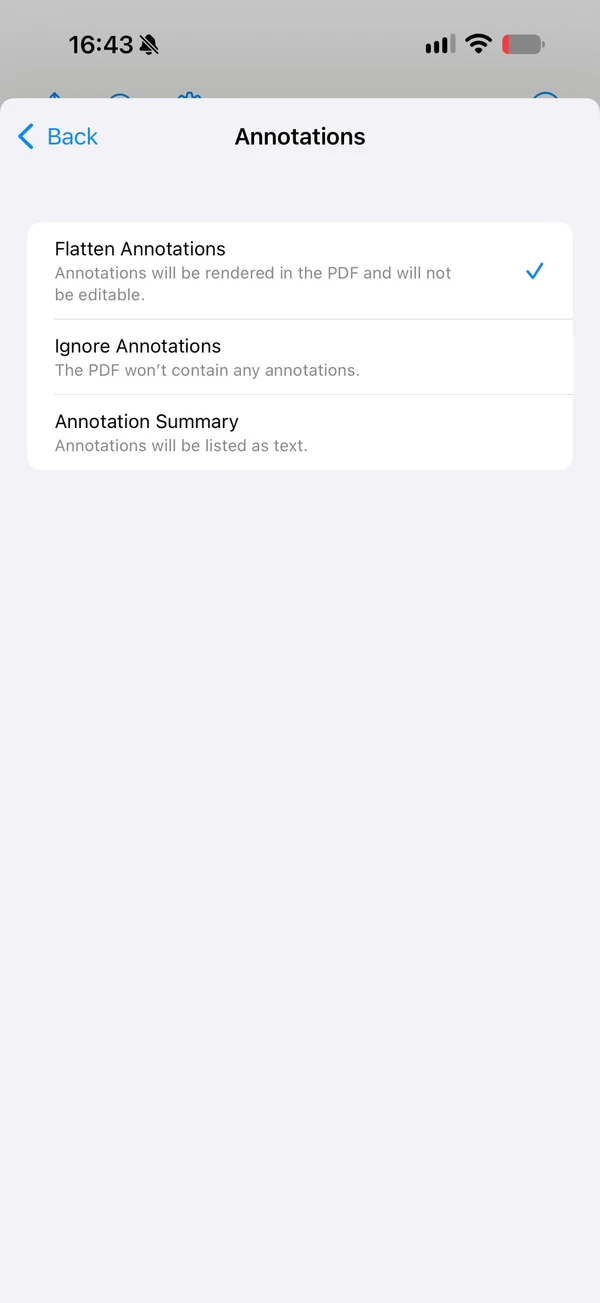 The Annotations options in the iOS app: Flatten, Ignore, Annotation Summary
