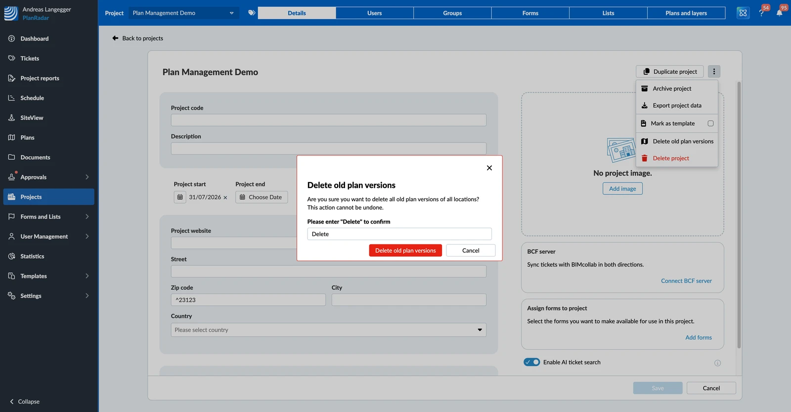 The project's More menu with Delete old plan versions, and the confirmation dialog with "Delete" typed in