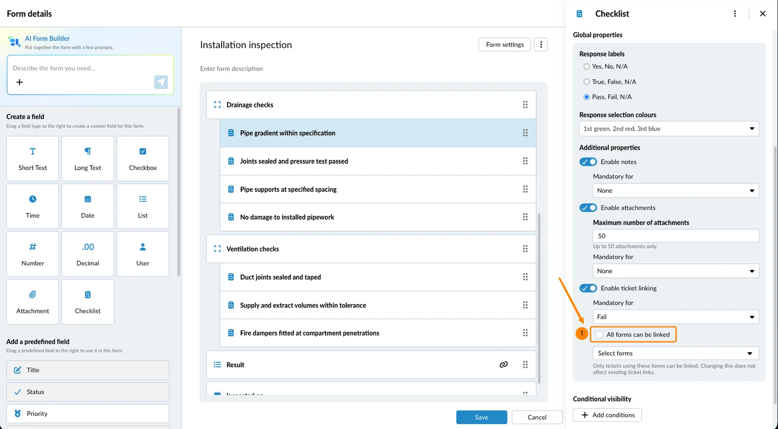 The All forms can be linked checkbox deselected, with the Select forms drop-down list below it