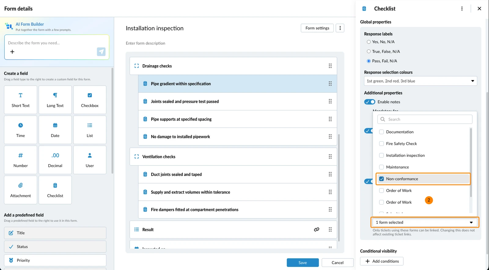 The Select forms drop-down list with one form selected