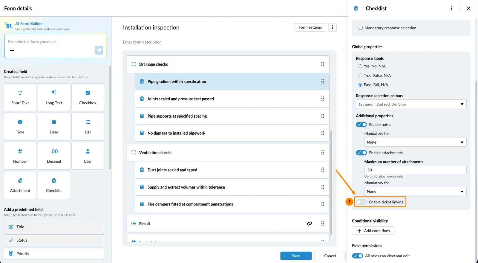 The Enable ticket linking toggle in the checklist field properties