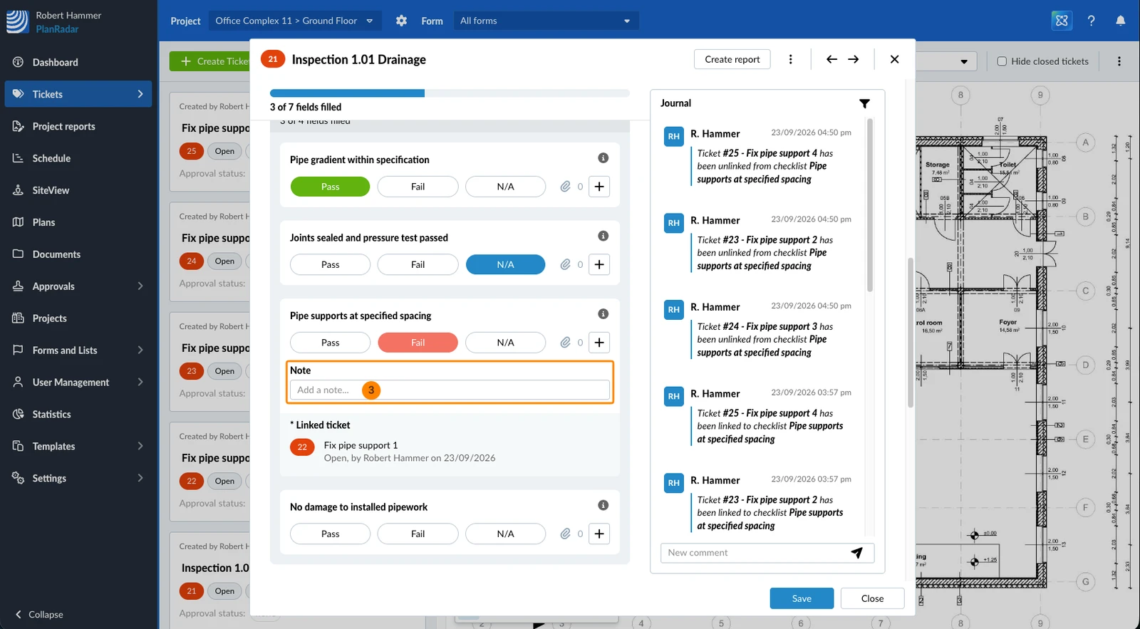 Il campo Nota visualizzato nel campo checklist