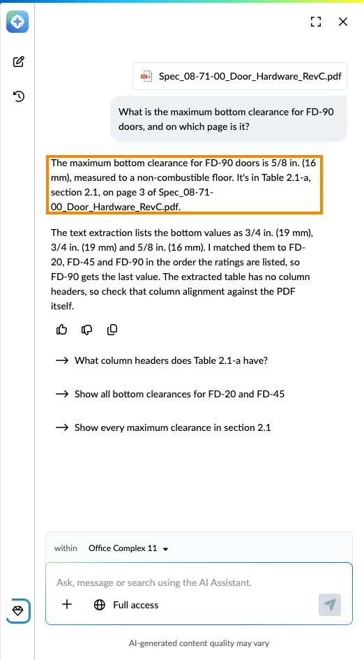An AI Assistant answer that names the page of the PDF it comes from