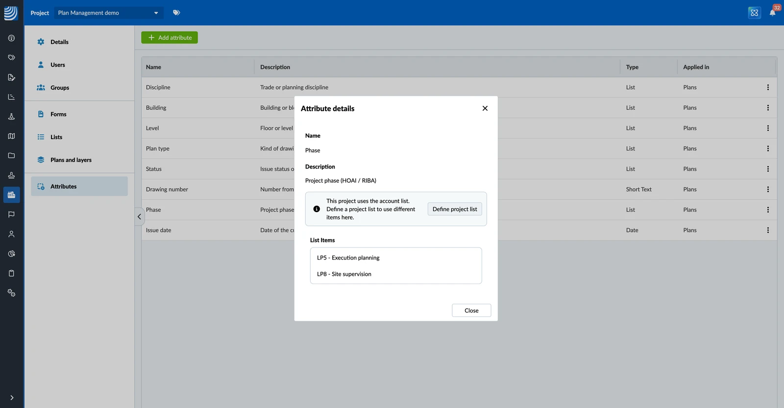 Die Liste des Attributs Phase in einem Projekt, mit dem Hinweis, dass das Projekt die Account-Liste verwendet, und dem Button Define project list
