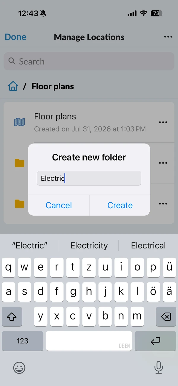 La finestra Create new folder con il campo del nome