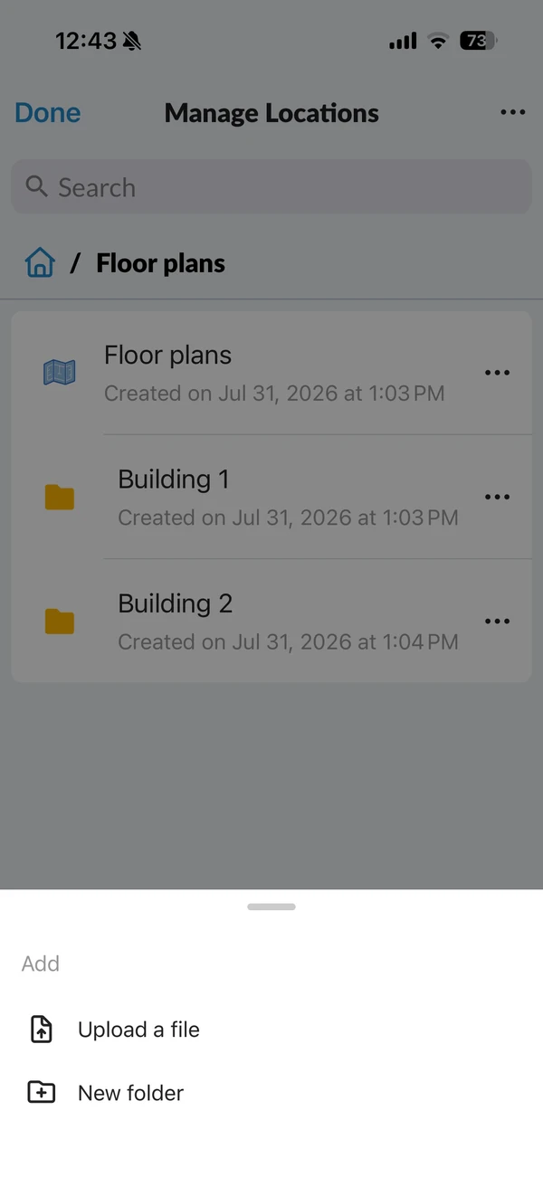 Il pannello di aggiunta con Upload a file e New folder