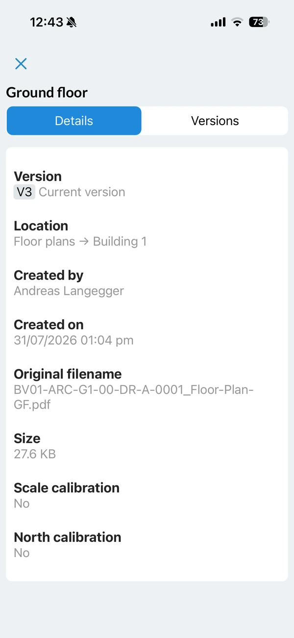 Dettagli di una planimetria su mobile: versione, posizione, creata da e il, nome del file originale, dimensione, calibrazione di scala e nord