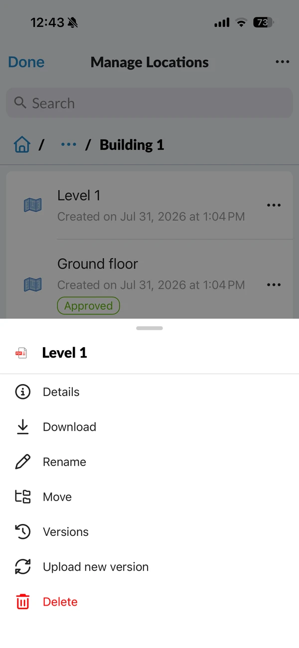 Il menu More di una planimetria in Manage Locations: Details, Download, Rename, Move, Versions, Upload new version, Delete