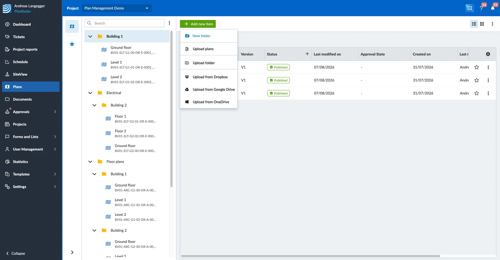 The Add new item menu with New folder, Upload plans, Upload folder and the cloud storage options