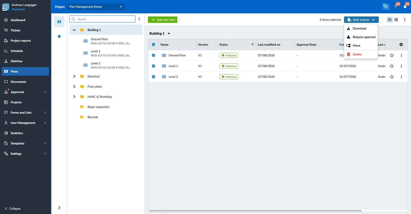 Three plans selected, with the Bulk actions menu open