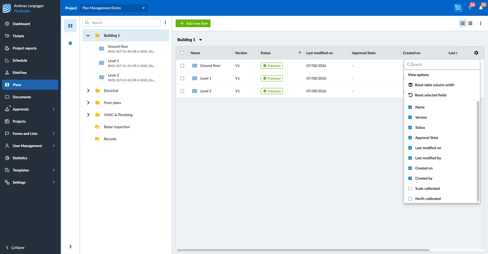 The plan list with the column picker open