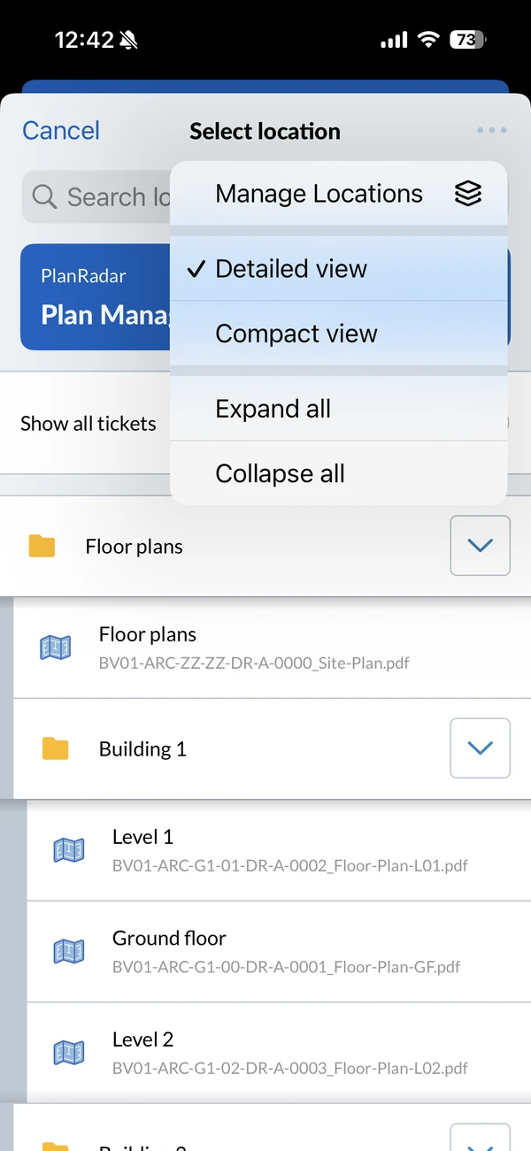 Il selettore Select location su mobile: cartelle e planimetrie in un albero, con il menu More aperto che mostra Manage Locations, Detailed view, Compact view, Expand all e Collapse all