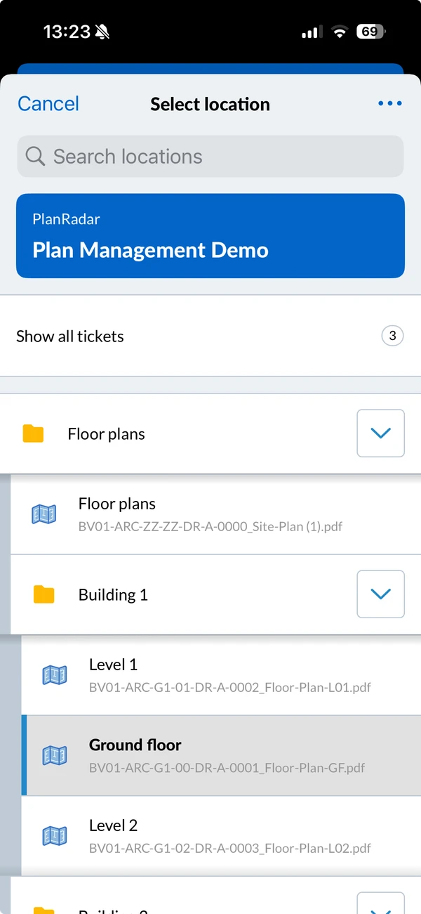 The Select location selector on mobile: the project, Show all tickets with the ticket count, and the folders and plans as a tree with Ground floor selected
