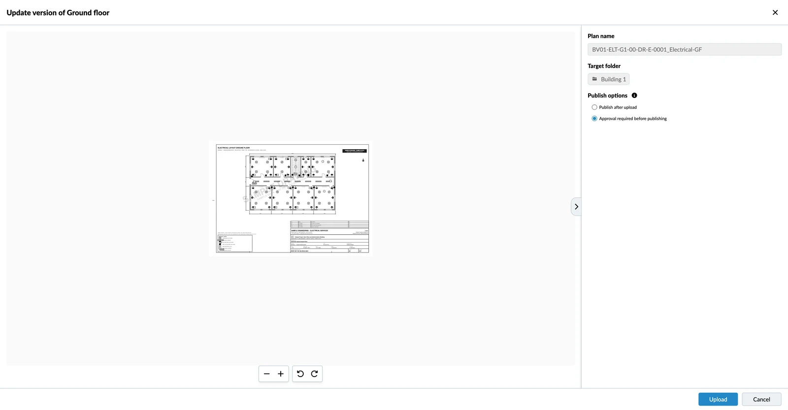 The publish options with "Approval required before publishing" selected