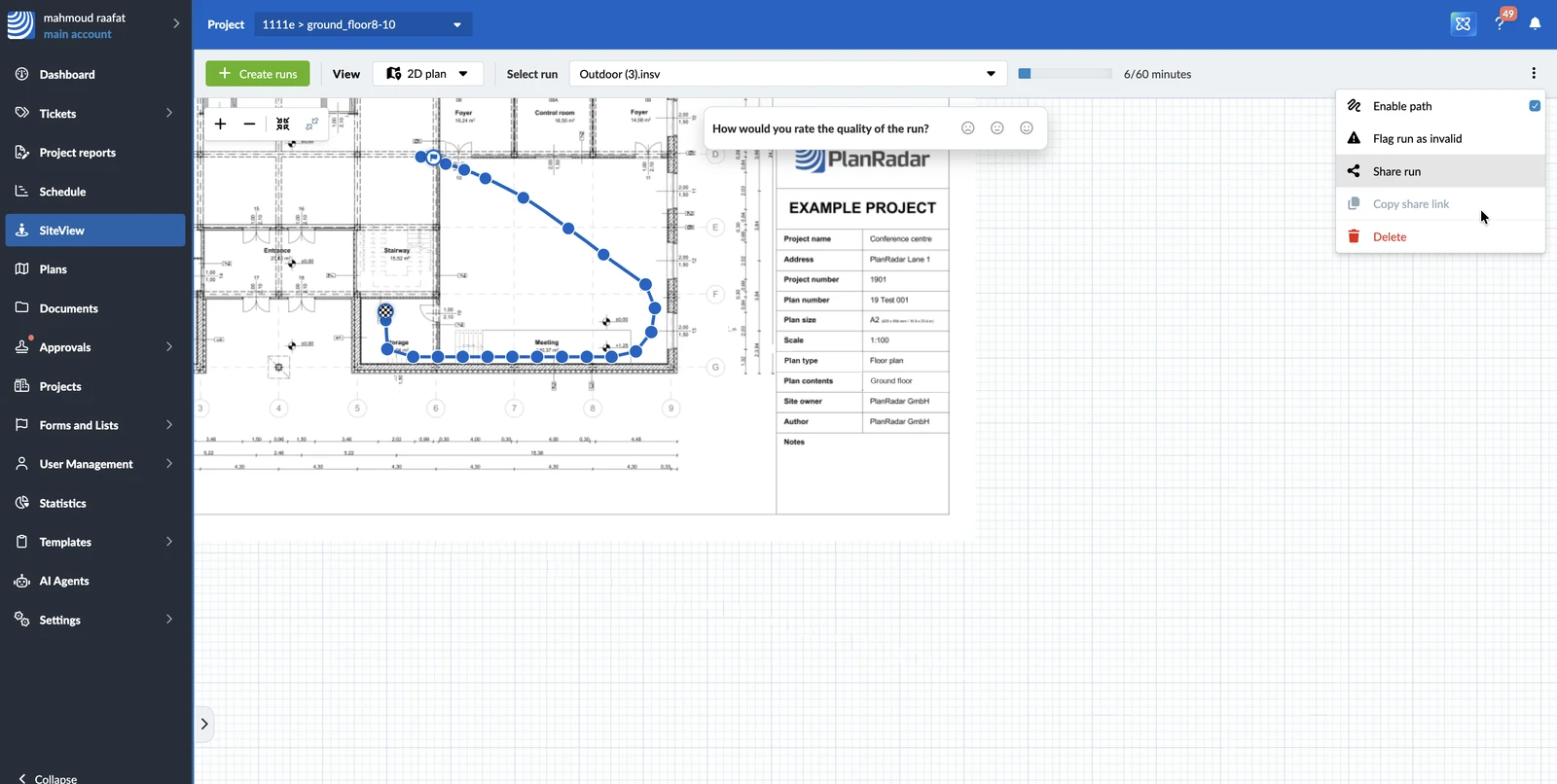 Condividi percorso nel menu Altro di SiteView