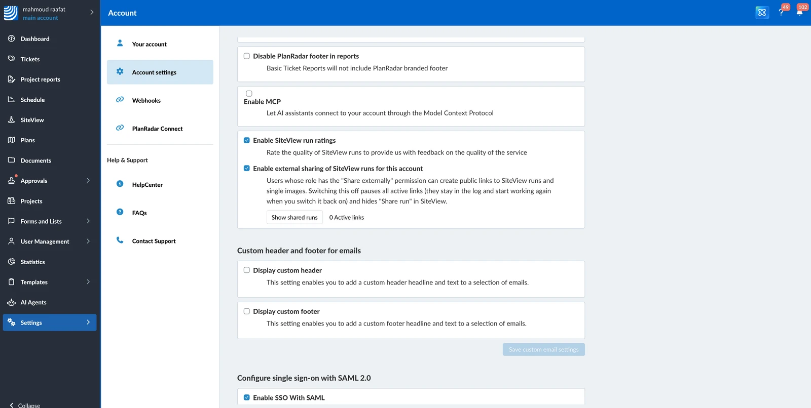Impostazioni dell'account con la condivisione esterna dei percorsi SiteView attivata