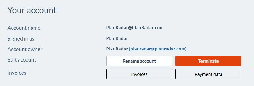 O painel ‘Your account’ com os botões ‘Invoices’ e ‘Payment data’