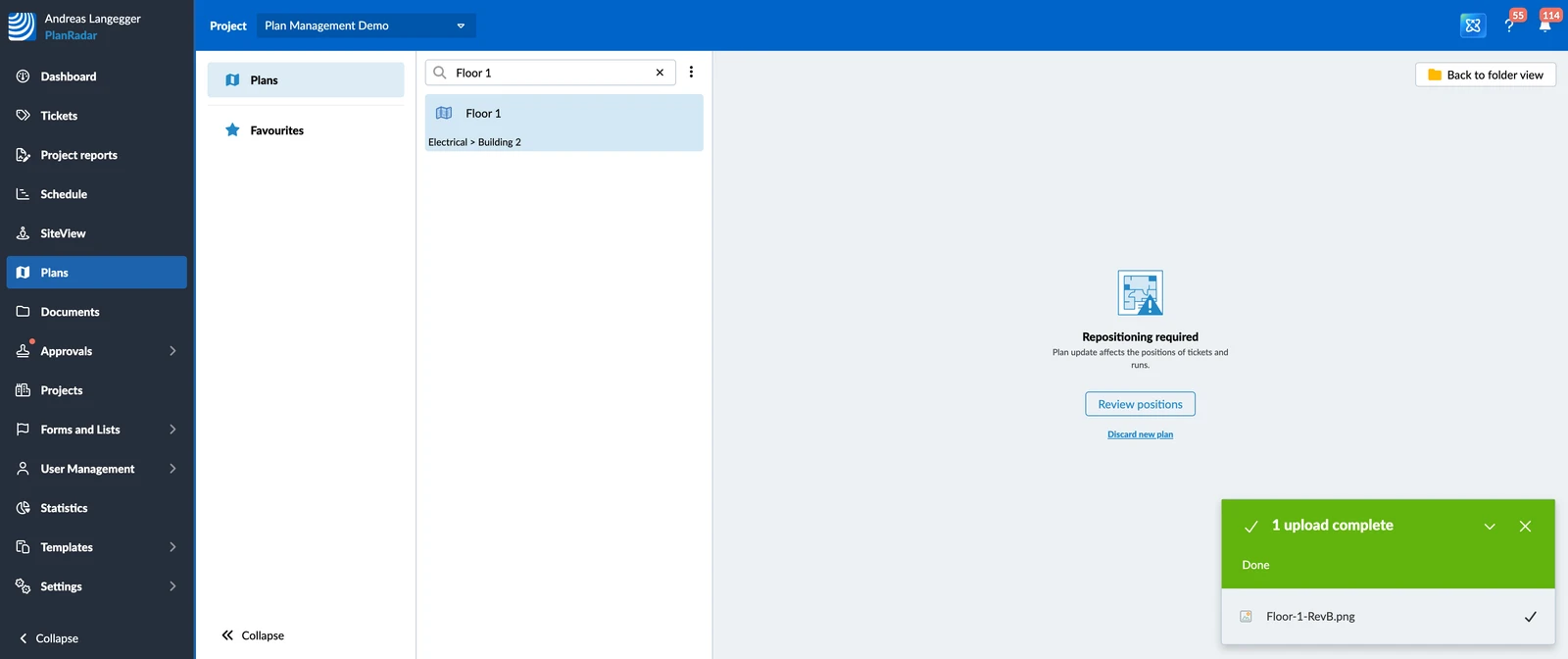 A plan in the Repositioning required state, with the Review positions button and the Discard new plan link