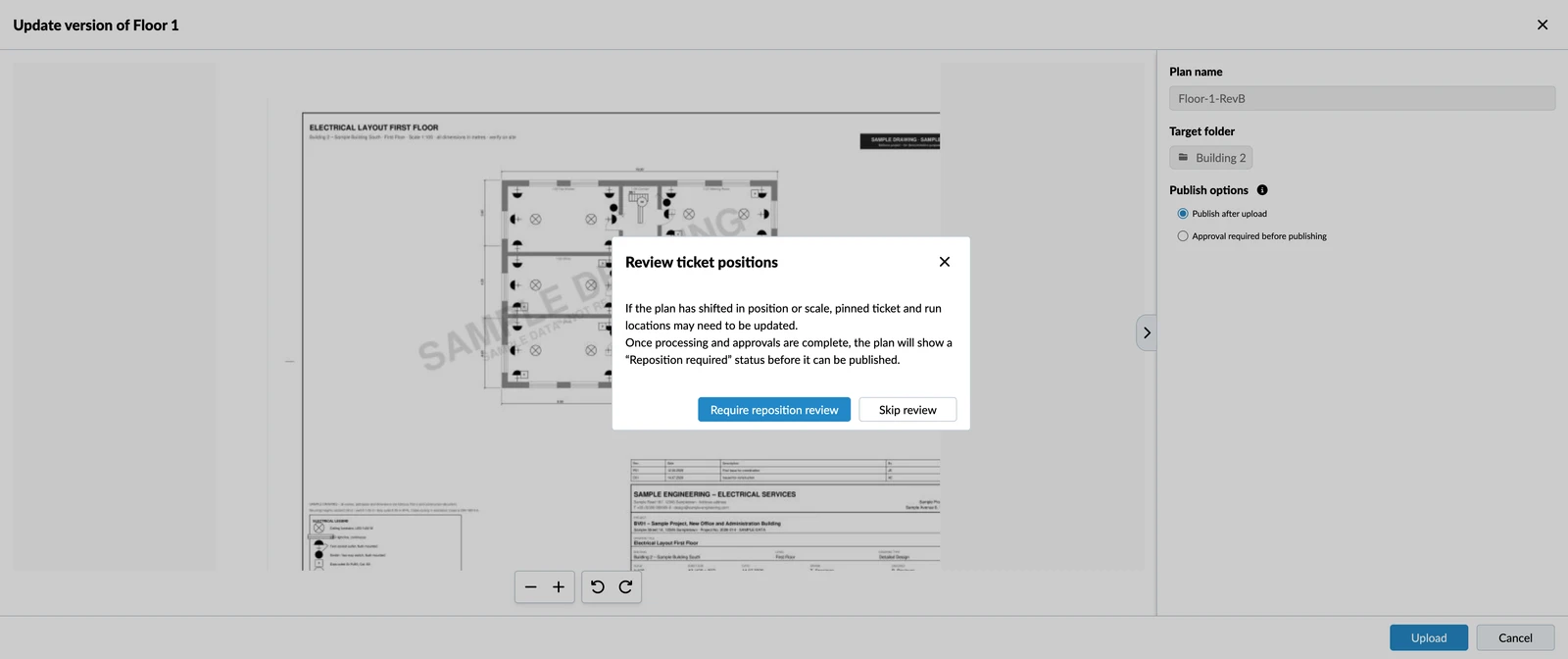 The Review ticket positions dialog with the Require reposition review and Skip review buttons