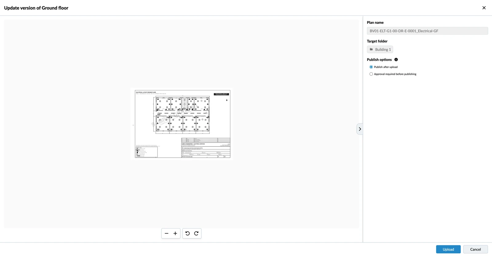 The Update version dialog with a preview of the new file, the plan name, the target folder and the publish options
