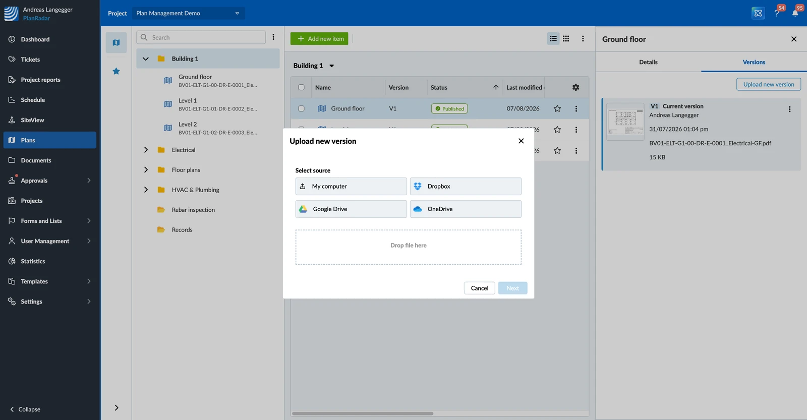 The Upload new version dialog with My computer, the cloud sources and the selected file