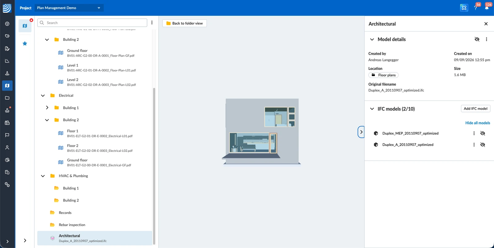The Model details panel of a BIM model with the IFC models section and the Add IFC model button
