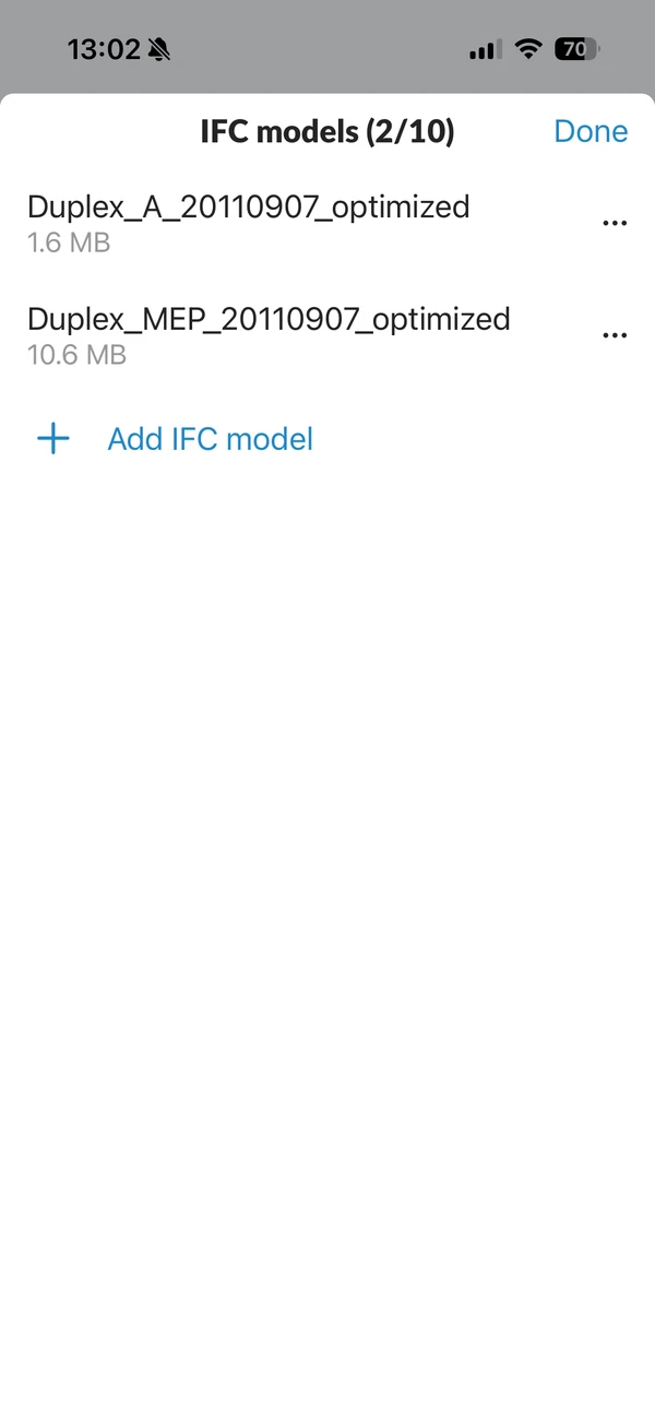 The IFC models sheet on mobile: two models with their sizes and the Add IFC model button