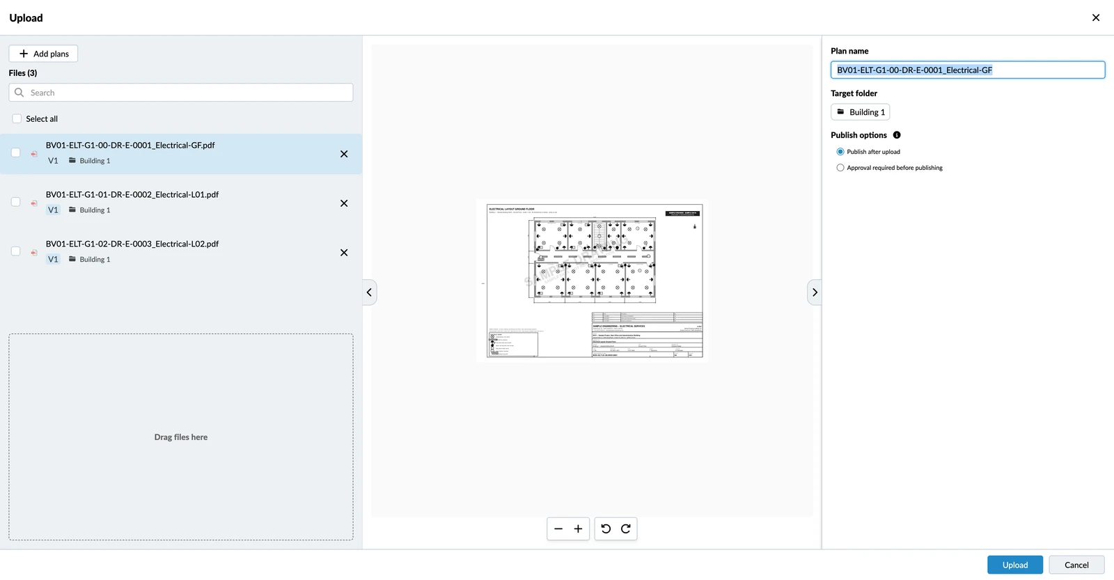 The Upload dialog with three files, a preview of the selected plan, its plan name, target folder and the publish options