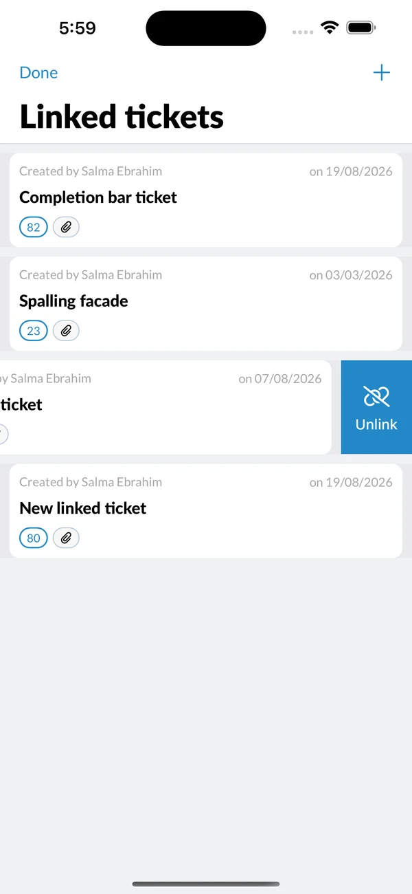 A linked ticket swiped left on the Linked tickets screen, showing Unlink