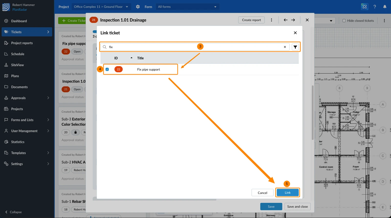 The Link ticket window with a search term entered and a ticket selected