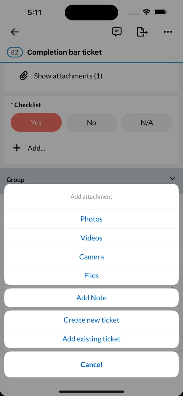 The Add menu of a checklist field with Add existing ticket