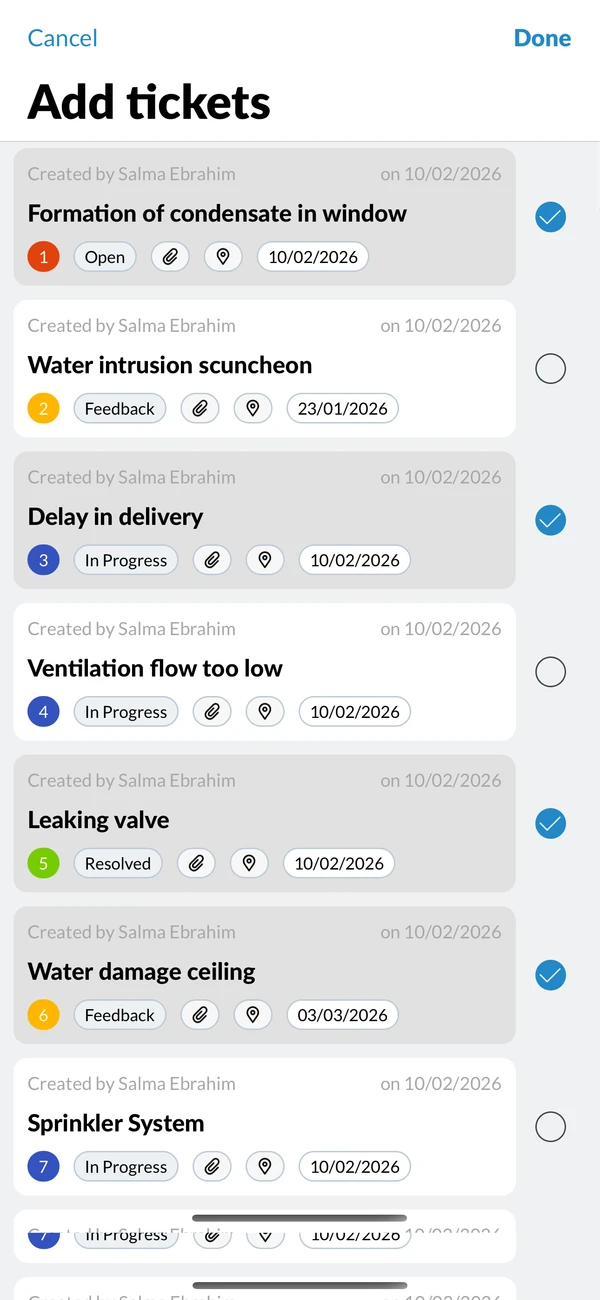 The Add tickets screen with four tickets selected and Done active