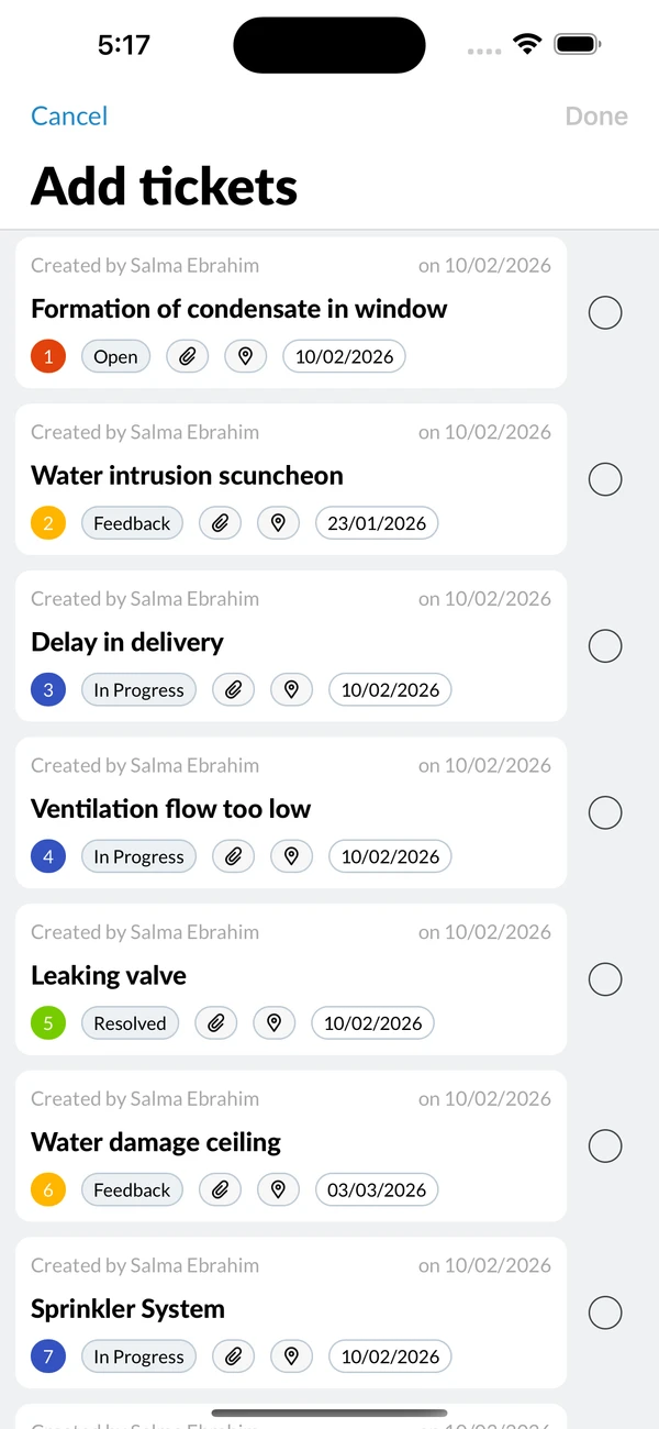 The Add tickets screen with the tickets of the project