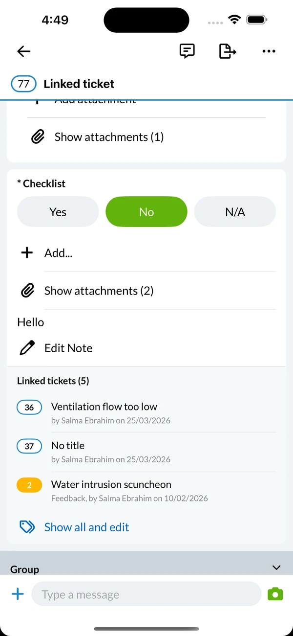 A checklist field with its linked tickets and Show all and edit