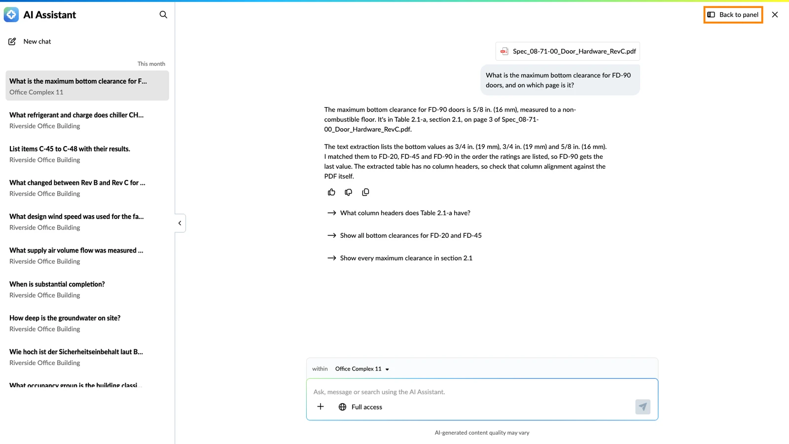 The AI Assistant in full screen, with the chat history on the left and Back to panel at the top