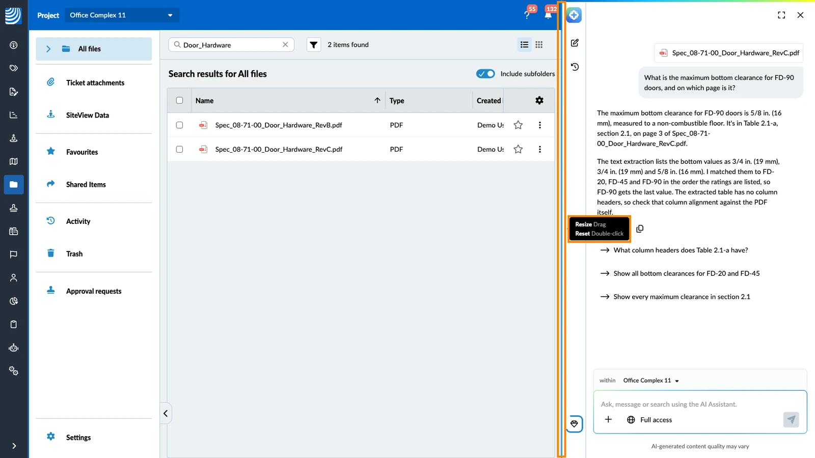 The edge of the AI Assistant highlighted, with the tooltip Resize Drag, Reset Double-click