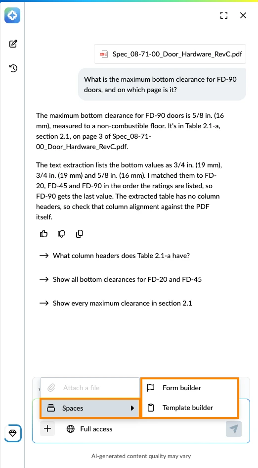 The + menu with Attach a file and Spaces, and the Spaces menu with Form builder and Template builder