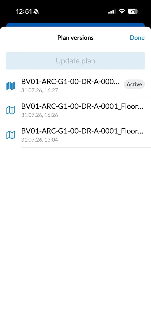 The Plan versions list on mobile: newest version first, the one in use marked Active, and the Update plan button above