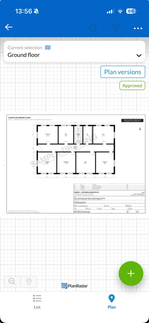 The mobile plan viewer with Ground floor selected, the Plan versions button and the Approved badge
