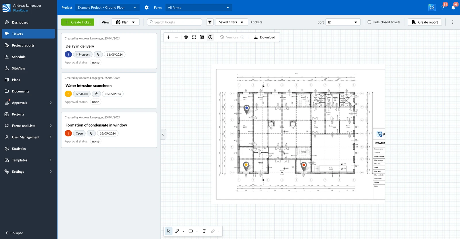 The plan toolbar expanded, with the Versions entry and Download