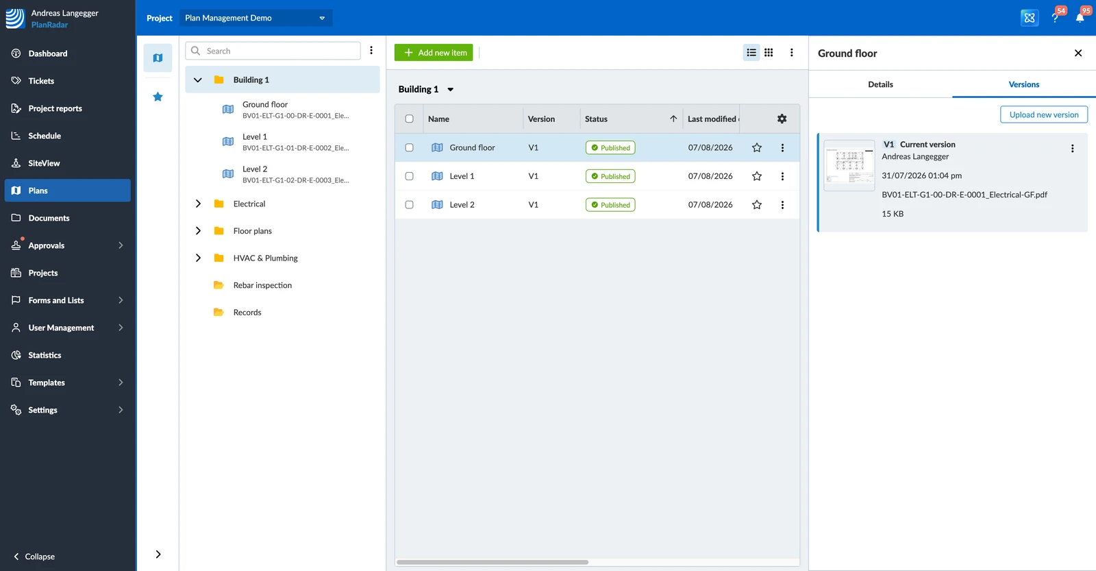 The Versions tab of a plan, with the current version marked and its original filename and size